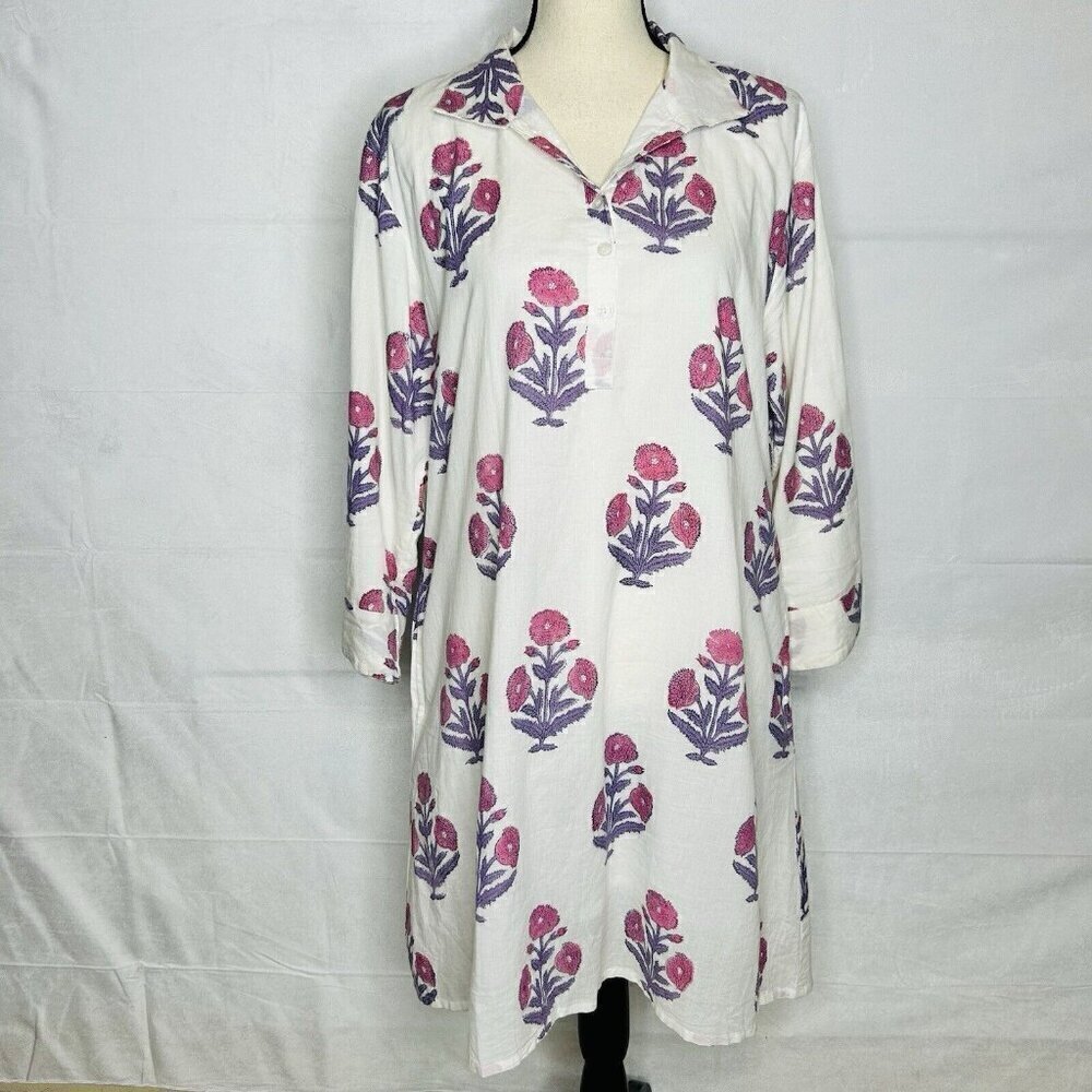 Victoria Dunn Collared Shirt Dress Size XL Floral White Pink Purple Lined